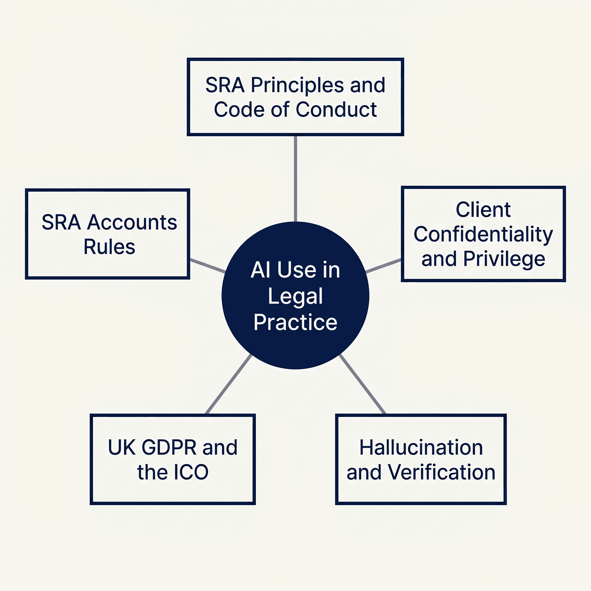 Diagram mapping the UK regulators touching legal AI use: SRA, ICO, and FCA, with the professional-conduct, data-protection, and financial-services touchpoints linked to each.