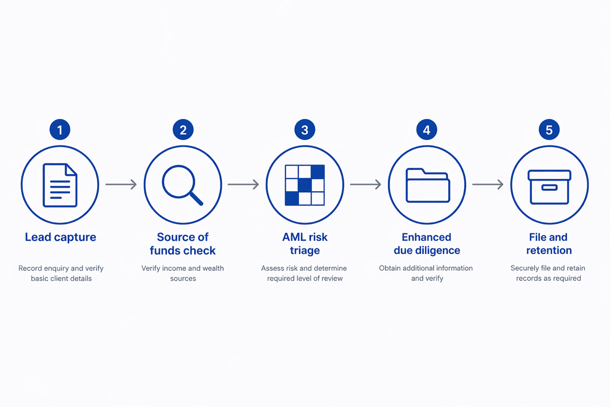 Diagram mapping the UK AML workflow for estate agency businesses under the Money Laundering Regulations 2017, from lead intake through customer due diligence to source-of-funds verification.