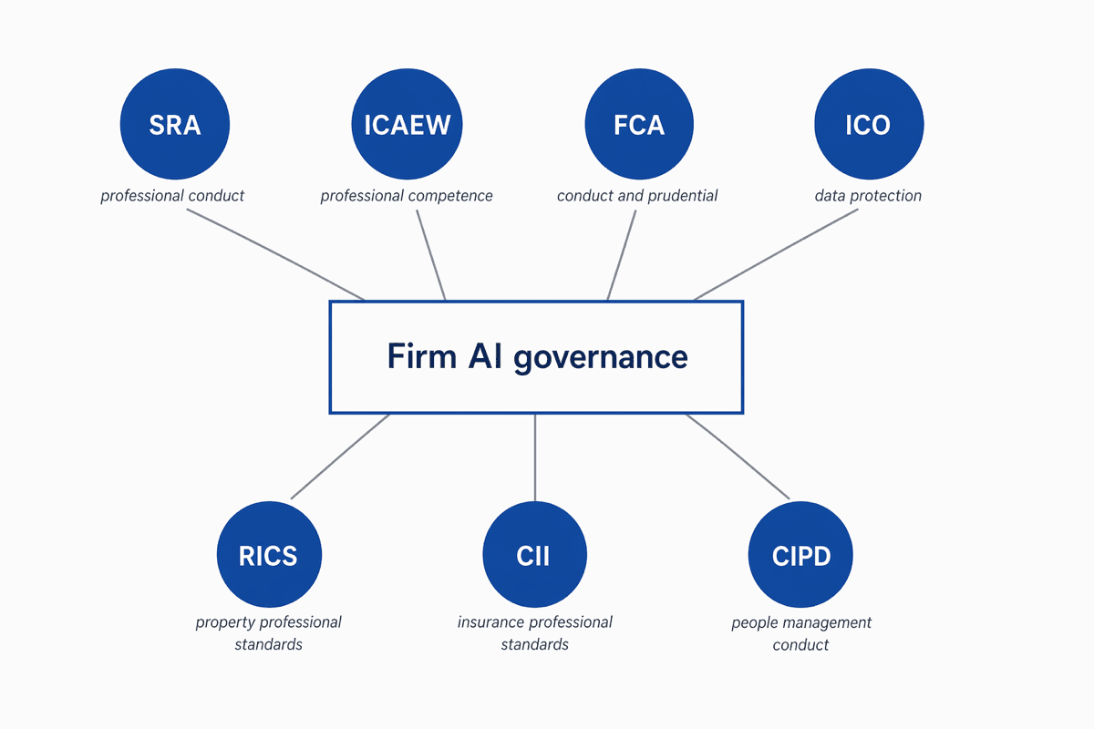 Diagram mapping the UK regulators covered by the cross-regulator governance briefing: SRA, ICAEW, FCA, PRA, ICO, RICS, CII, and CIPD, with the recurring governance touchpoints (vendor posture, DPIA, human-in-the-loop, audit trail, redress) linked to each.