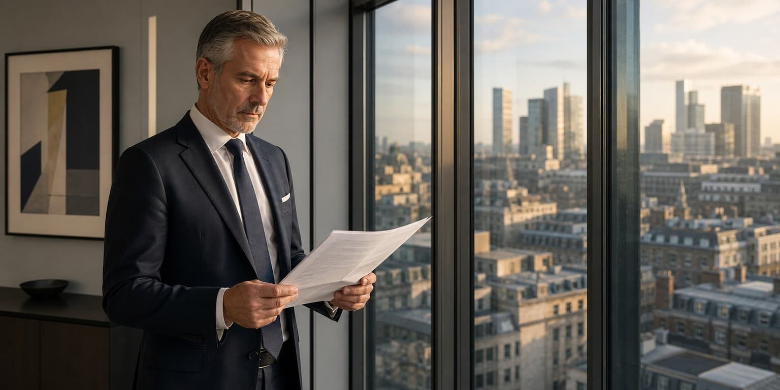Senior executive standing by a tall office window, reviewing a printed briefing document.