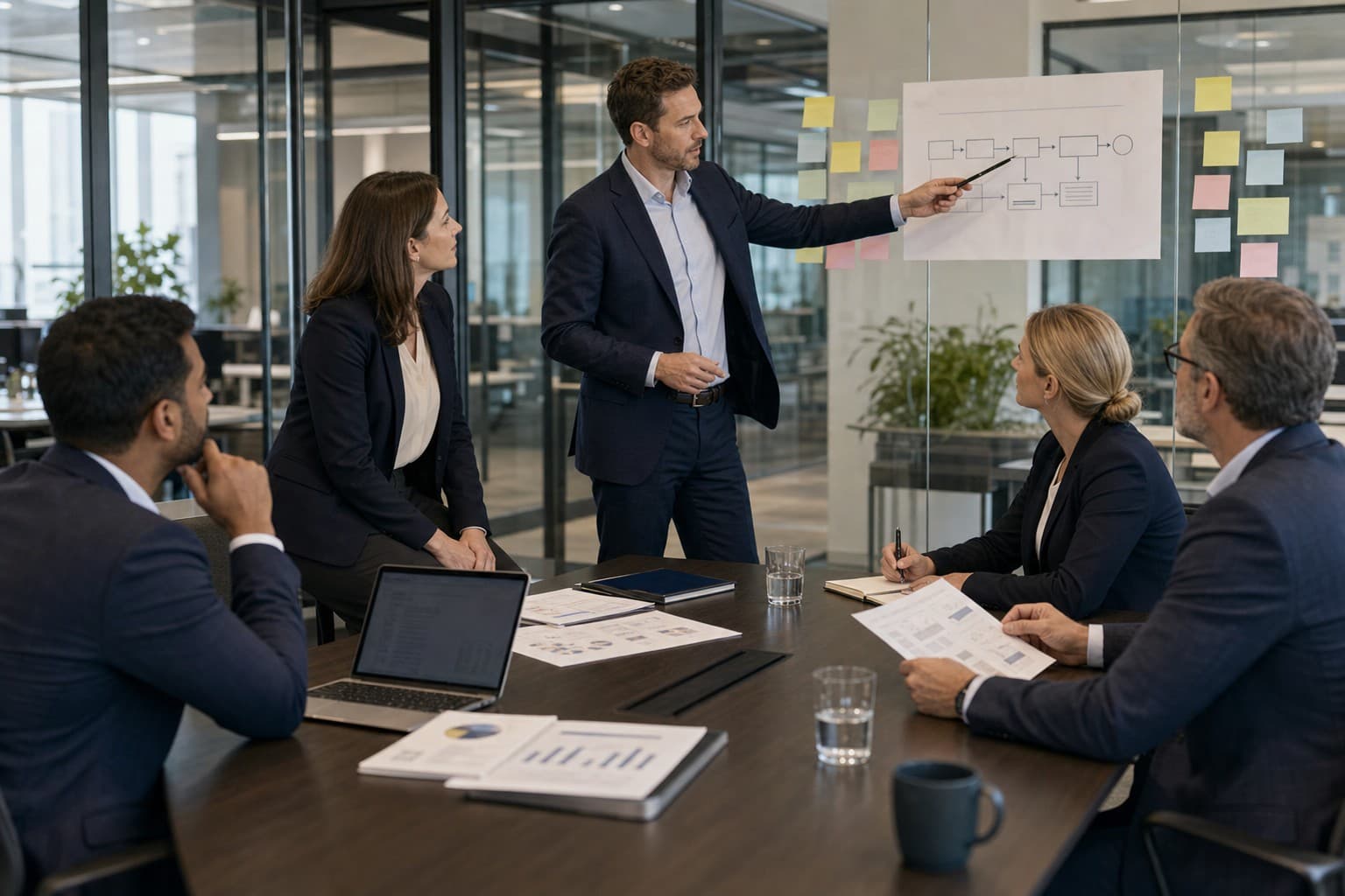 Two consultants presenting a slide to a mid-market client team in a functional, well-lit meeting room.