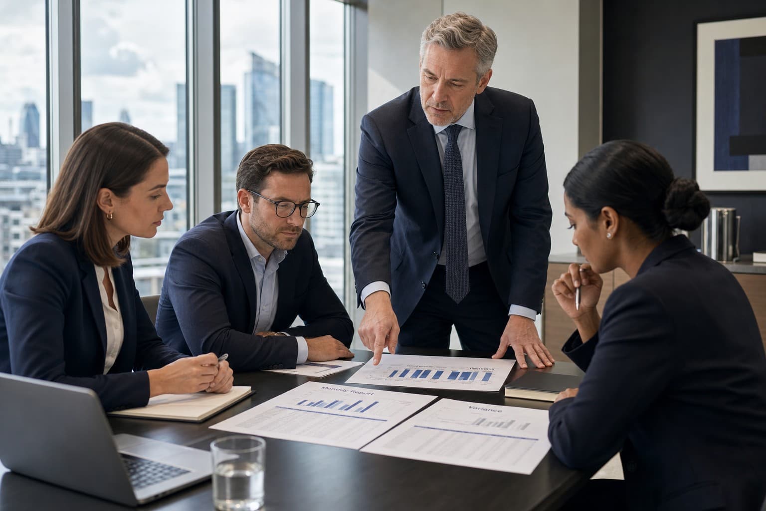 Finance team reviewing month-end management accounts together at a boardroom table, with printed reports and an open laptop.