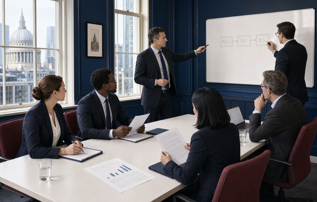 Financial services leadership team reviewing AI governance documents in a modern City of London meeting room.