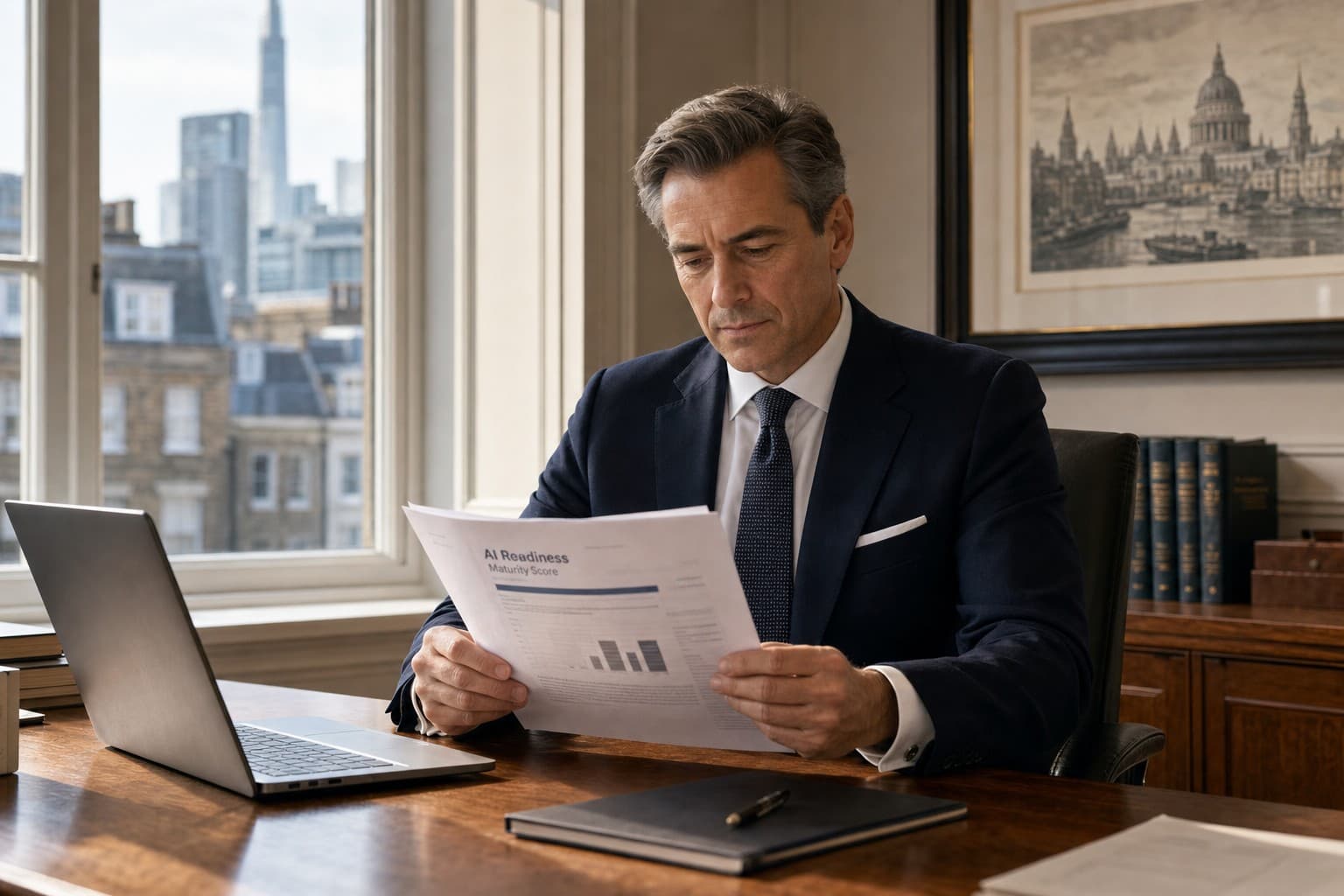 A Managing Partner at a desk reviewing a printed AI readiness briefing document next to an open laptop, in a daylit office.