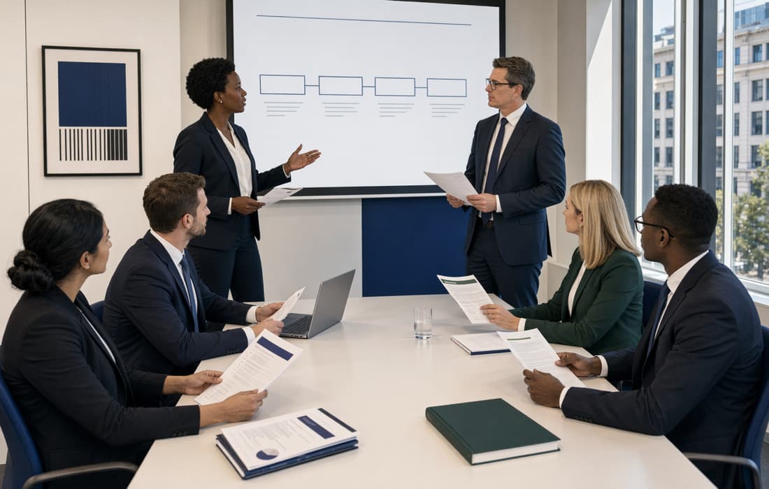 Cross-functional governance leadership team reviewing a shared regulatory posture in a London professional services office.