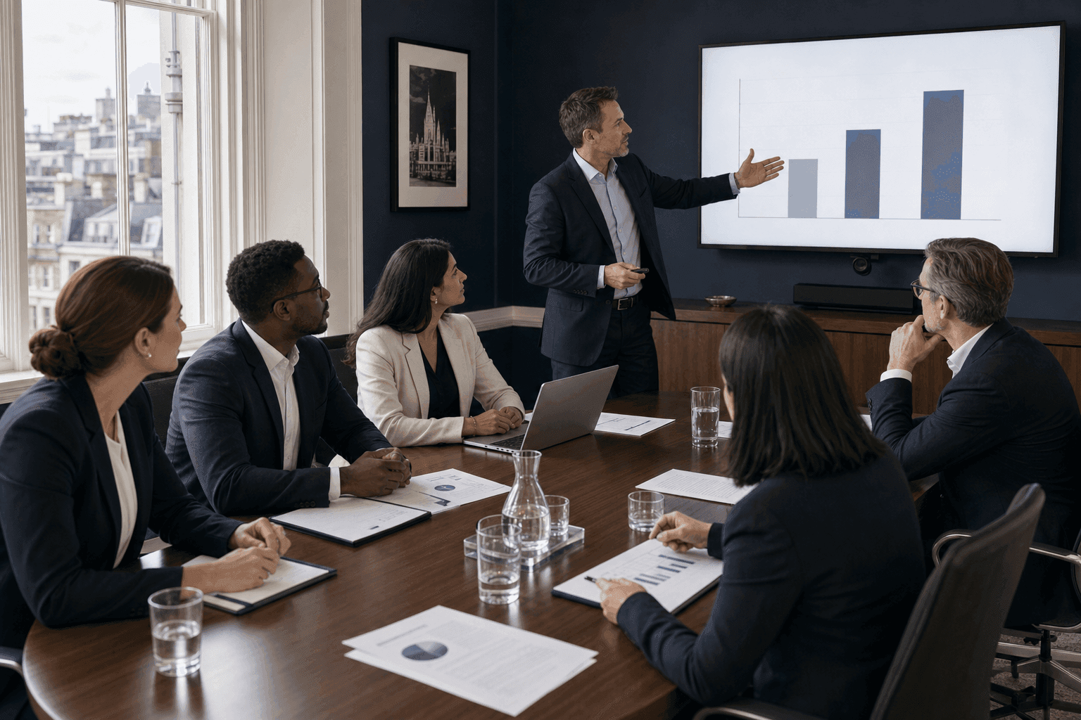 Six professionals in conversation around a boardroom table in a London office, reviewing a slide that shows a simple bar chart.
