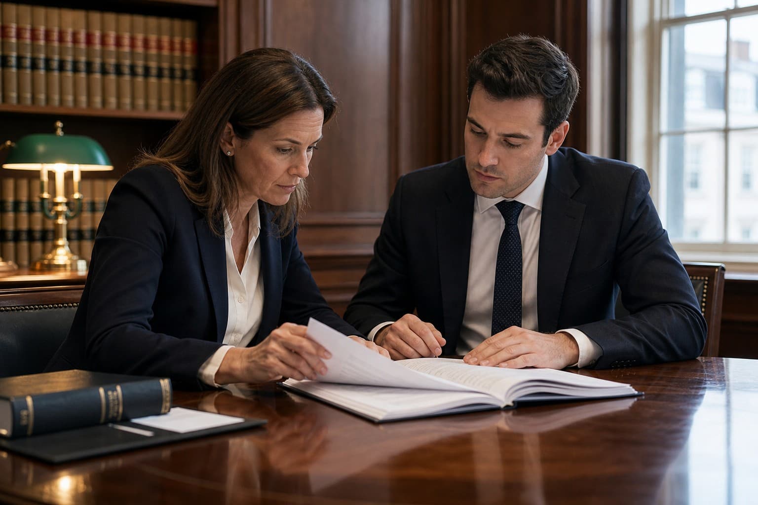 Two solicitors reviewing a legal document at a polished table in a panelled law-firm meeting room.
