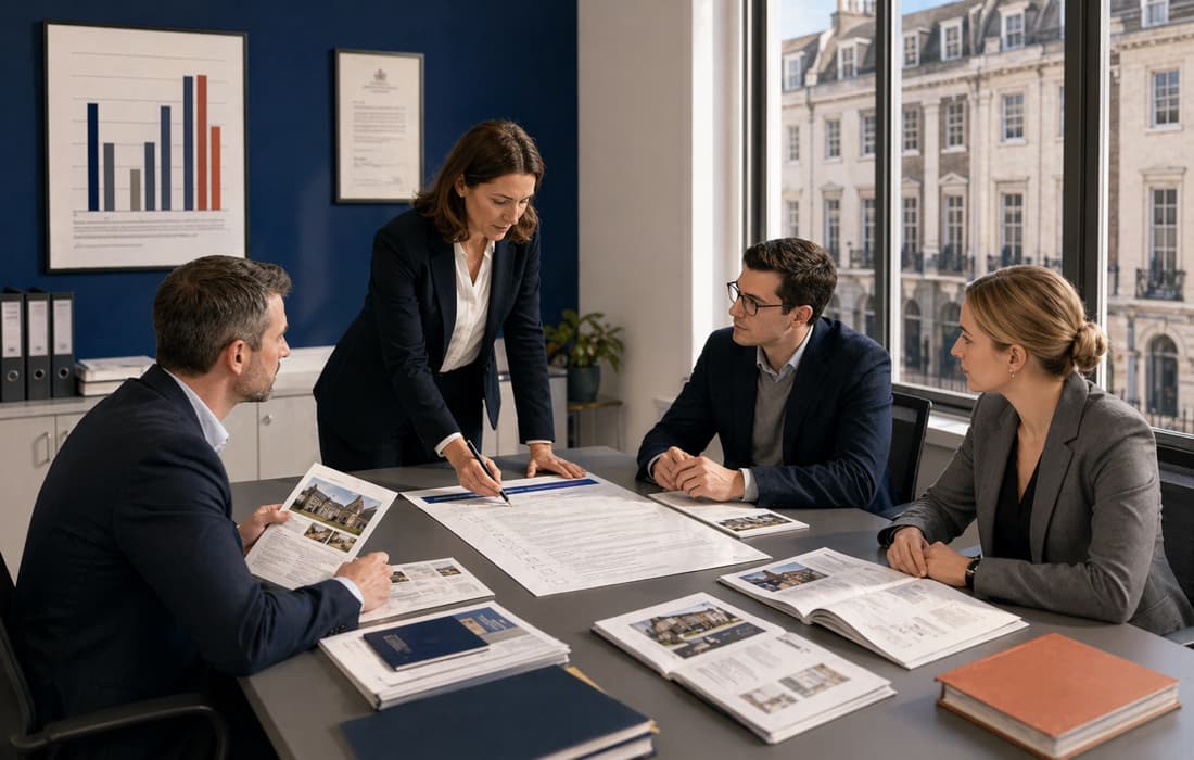 Property team reviewing listing photography and referencing files in a modern UK estate agency office.